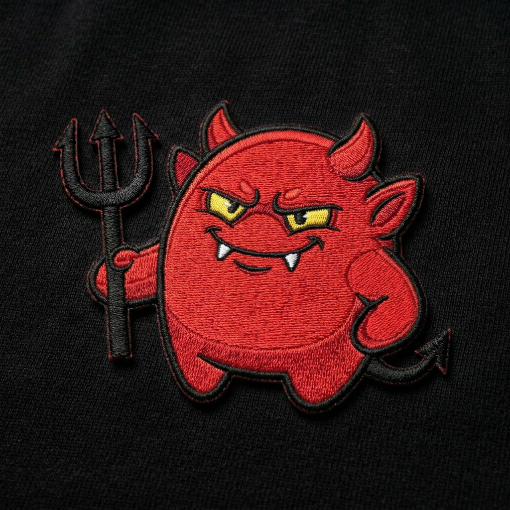 Black tee — embroidered devil patch close-up