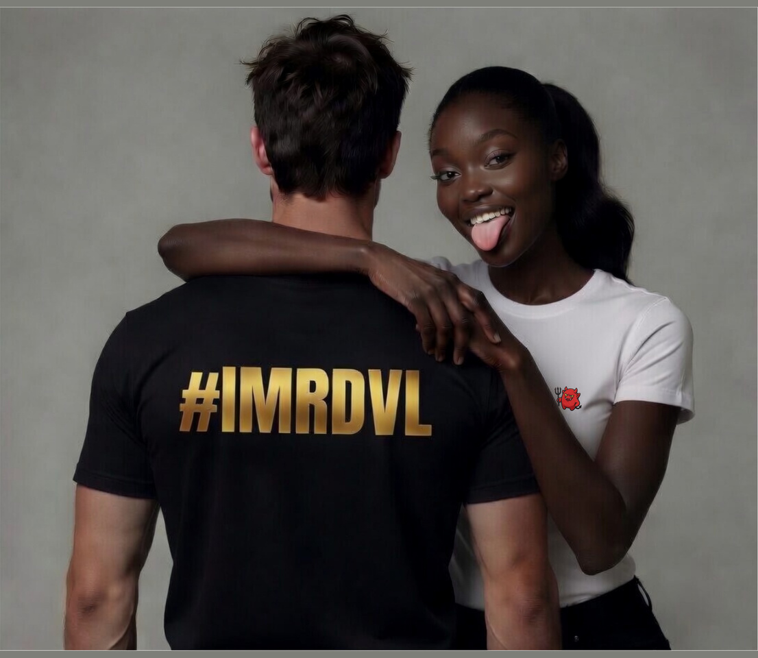 Black tee on model — back with gold #IMRDVL